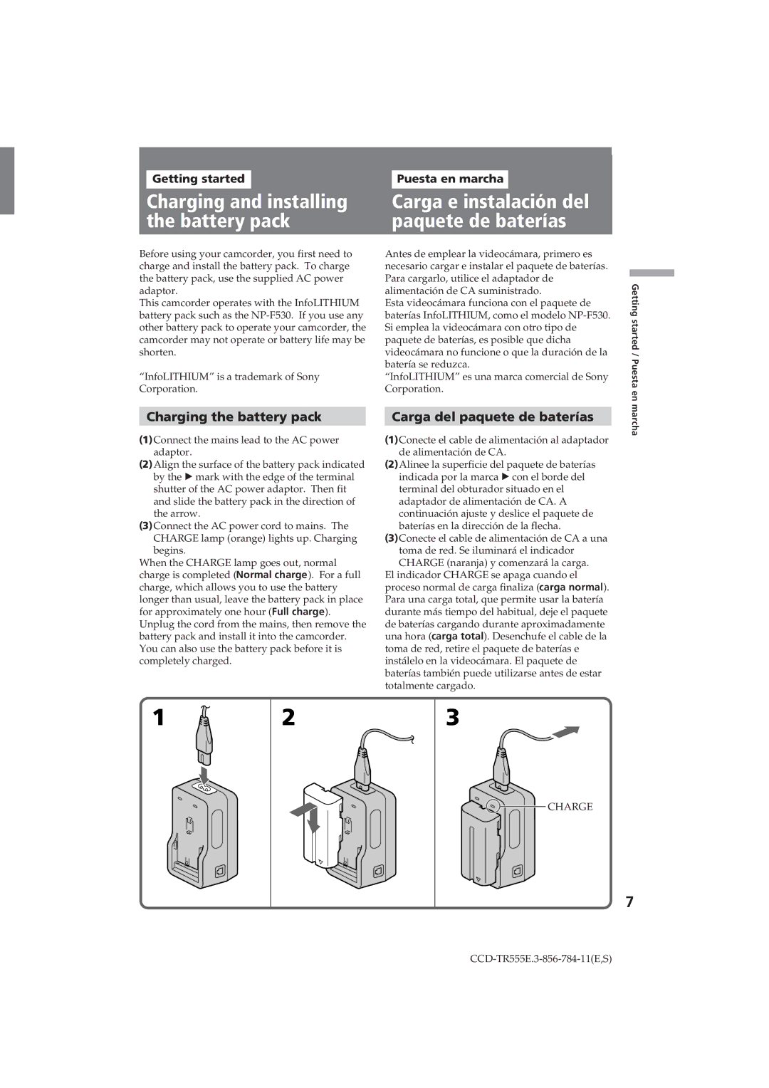 Sony CCD-TR555E operating instructions Charging the battery pack, Carga del paquete de baterías 