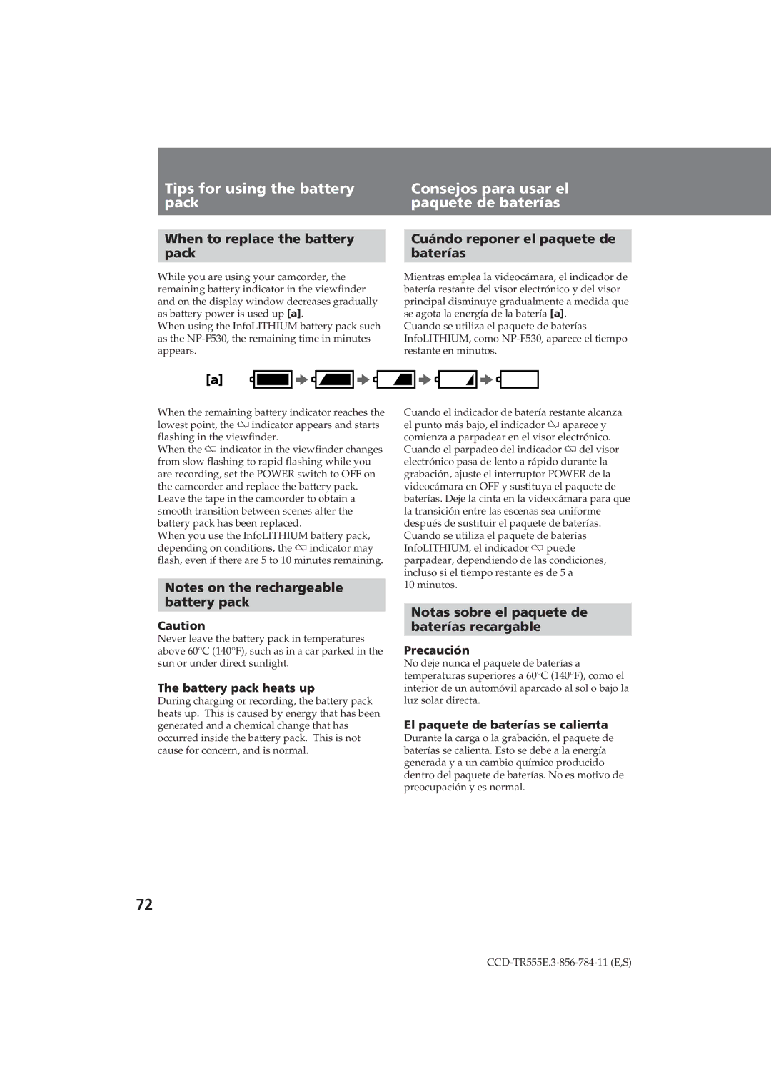 Sony CCD-TR555E When to replace the battery Pack, Cuándo reponer el paquete de Baterías, Battery pack 