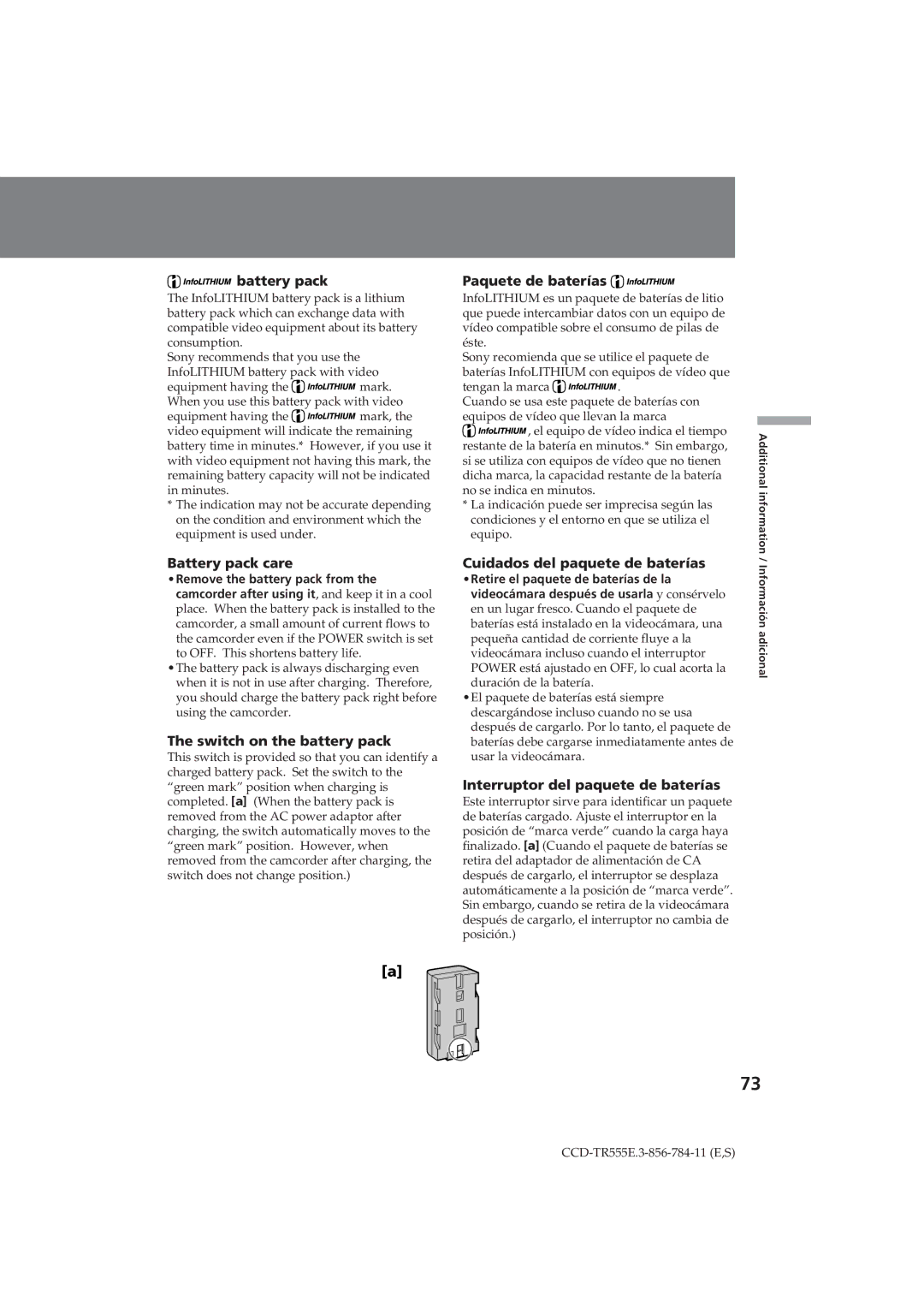 Sony CCD-TR555E Paquete de baterías, Battery pack care, Switch on the battery pack, Cuidados del paquete de baterías 