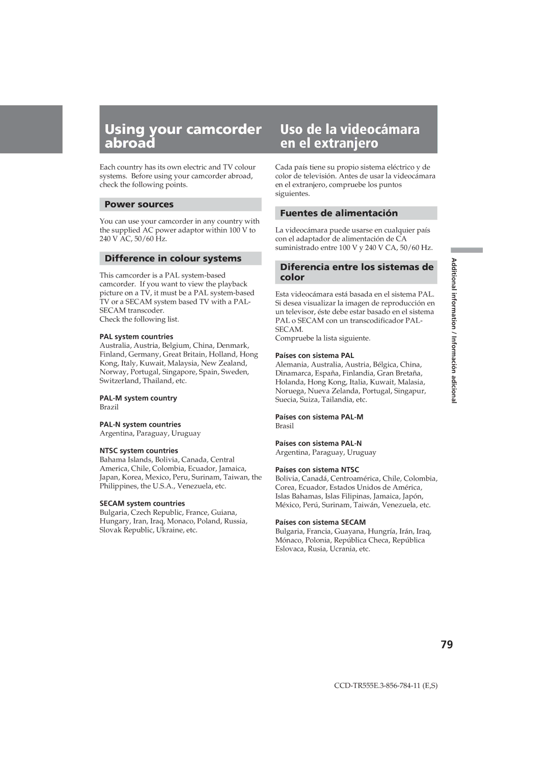 Sony CCD-TR555E operating instructions Power sources, Difference in colour systems, Fuentes de alimentación 
