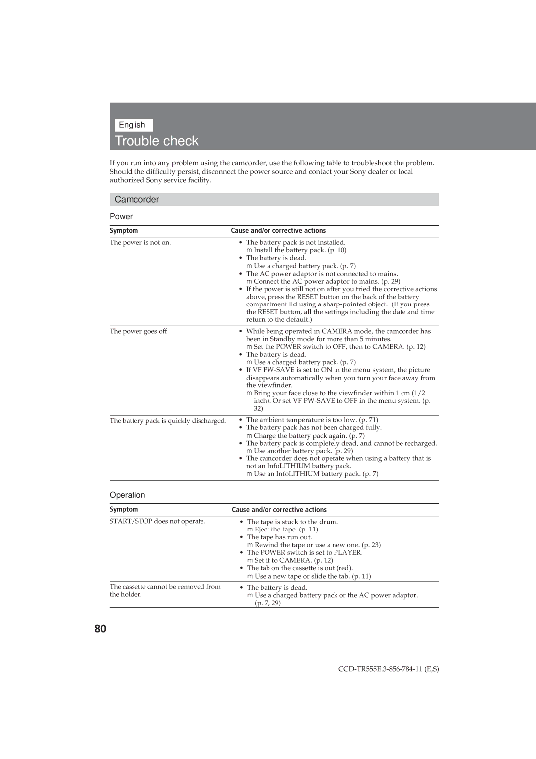 Sony CCD-TR555E operating instructions Trouble check, English, Power, Operation 