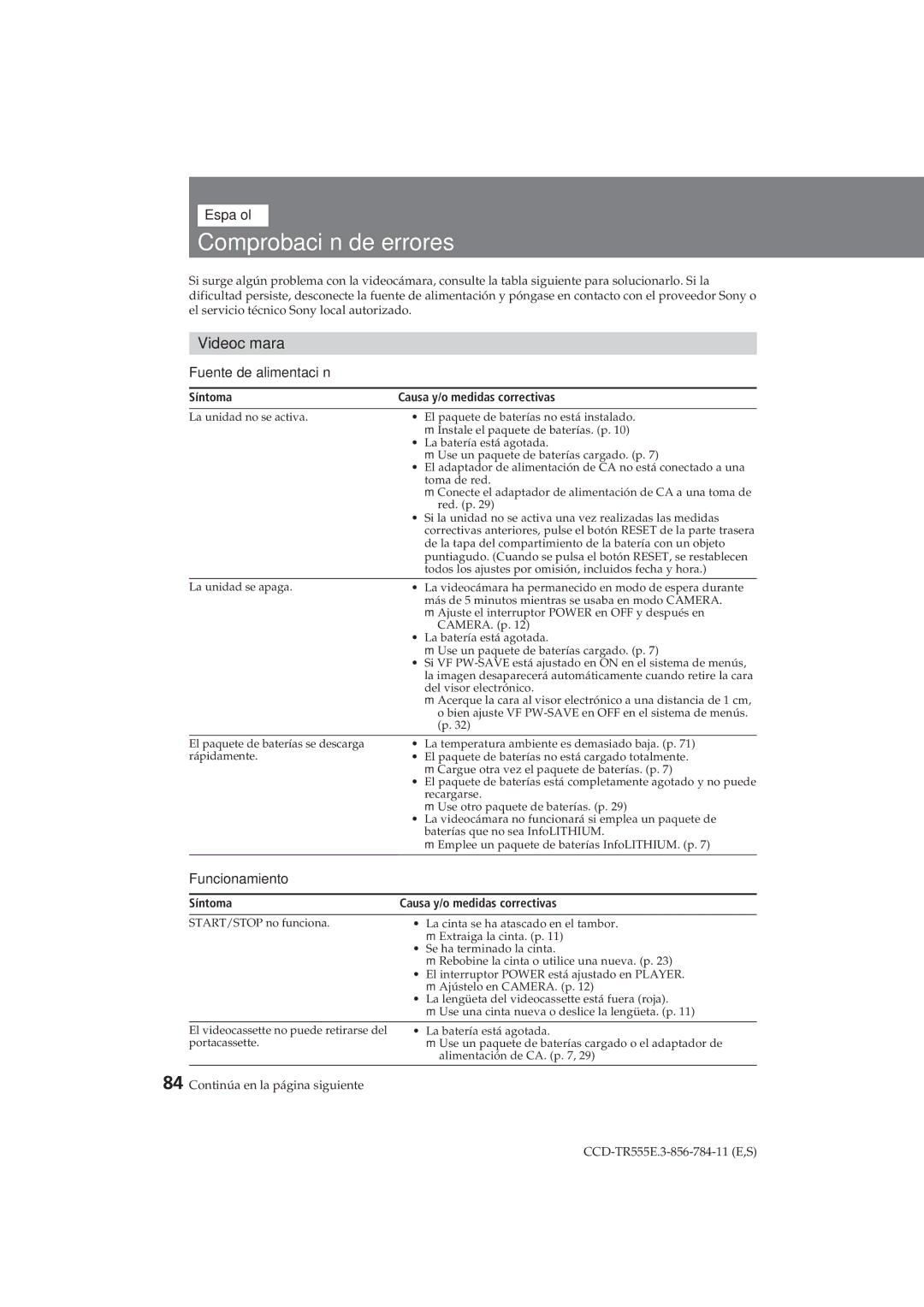 Sony CCD-TR555E operating instructions Comprobación de errores, Español, Fuente de alimentación, Funcionamiento 
