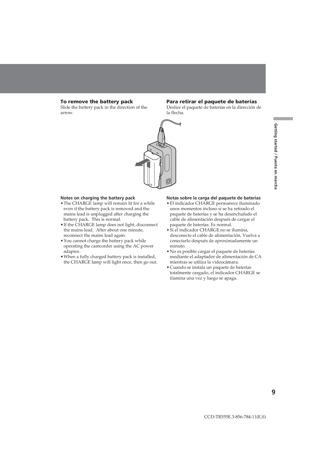 Sony CCD-TR555E operating instructions To remove the battery pack, Para retirar el paquete de baterías 