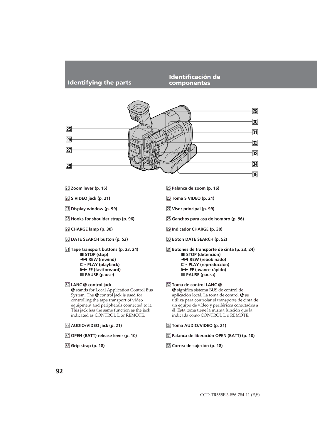 Sony CCD-TR555E operating instructions Identifying the parts Identificación de Componentes 