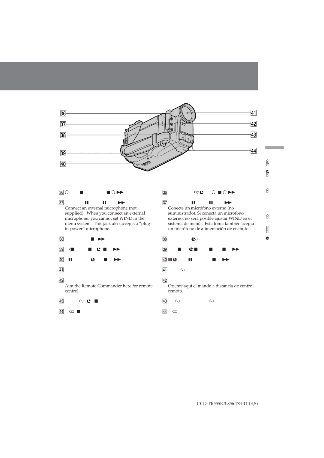 Sony CCD-TR555E operating instructions $£ Recording lamp, $¢ Microphone $¢Micrófono 