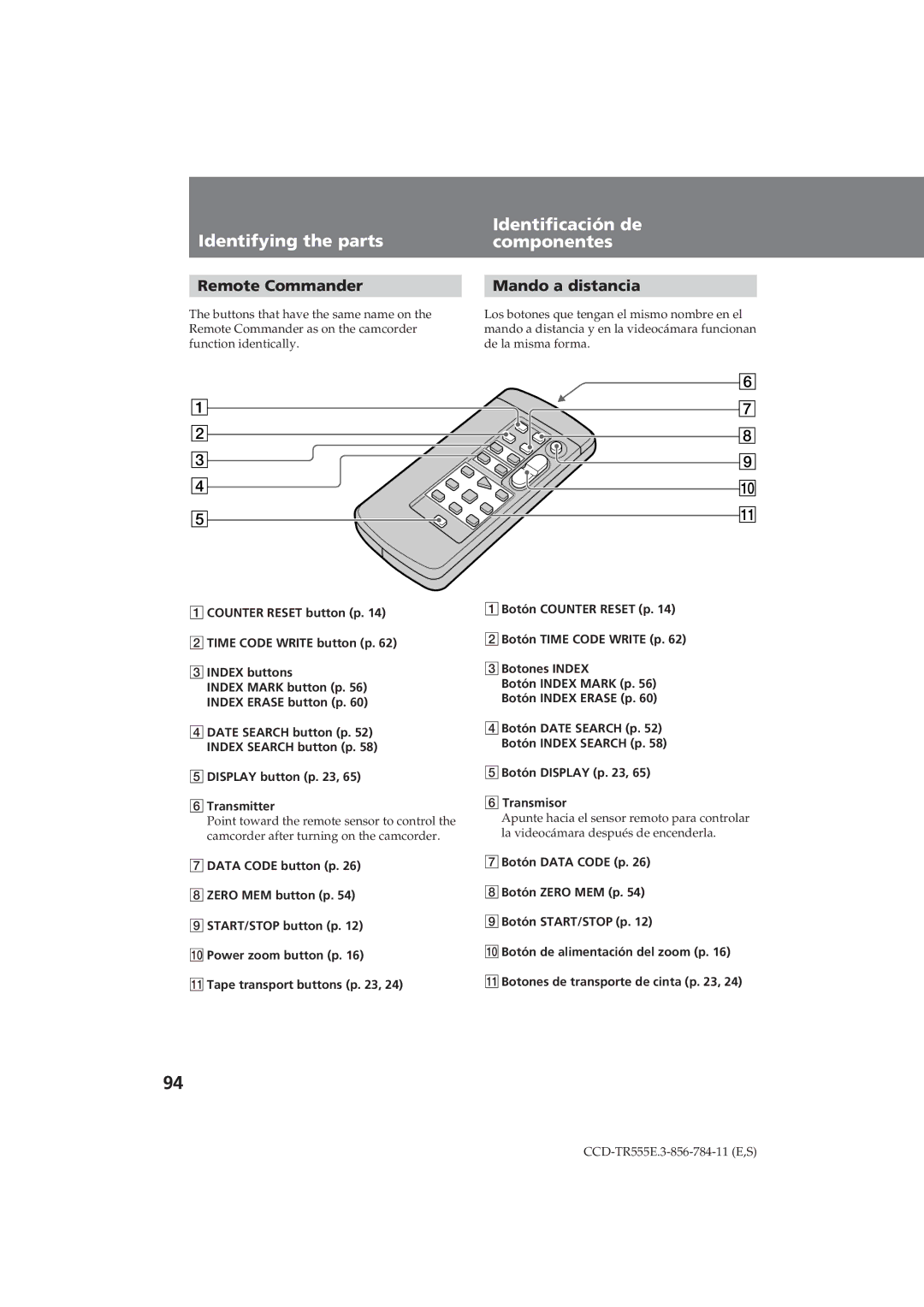 Sony CCD-TR555E Identifying the parts, Identificación de componentes, Remote Commander, Mando a distancia 