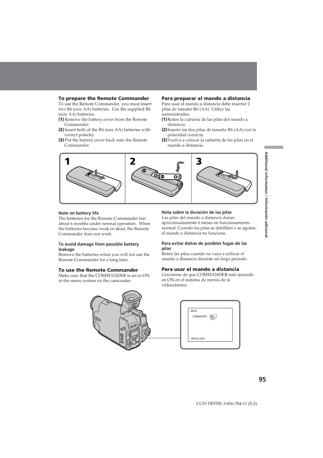 Sony CCD-TR555E To prepare the Remote Commander, To use the Remote Commander, Para preparar el mando a distancia 