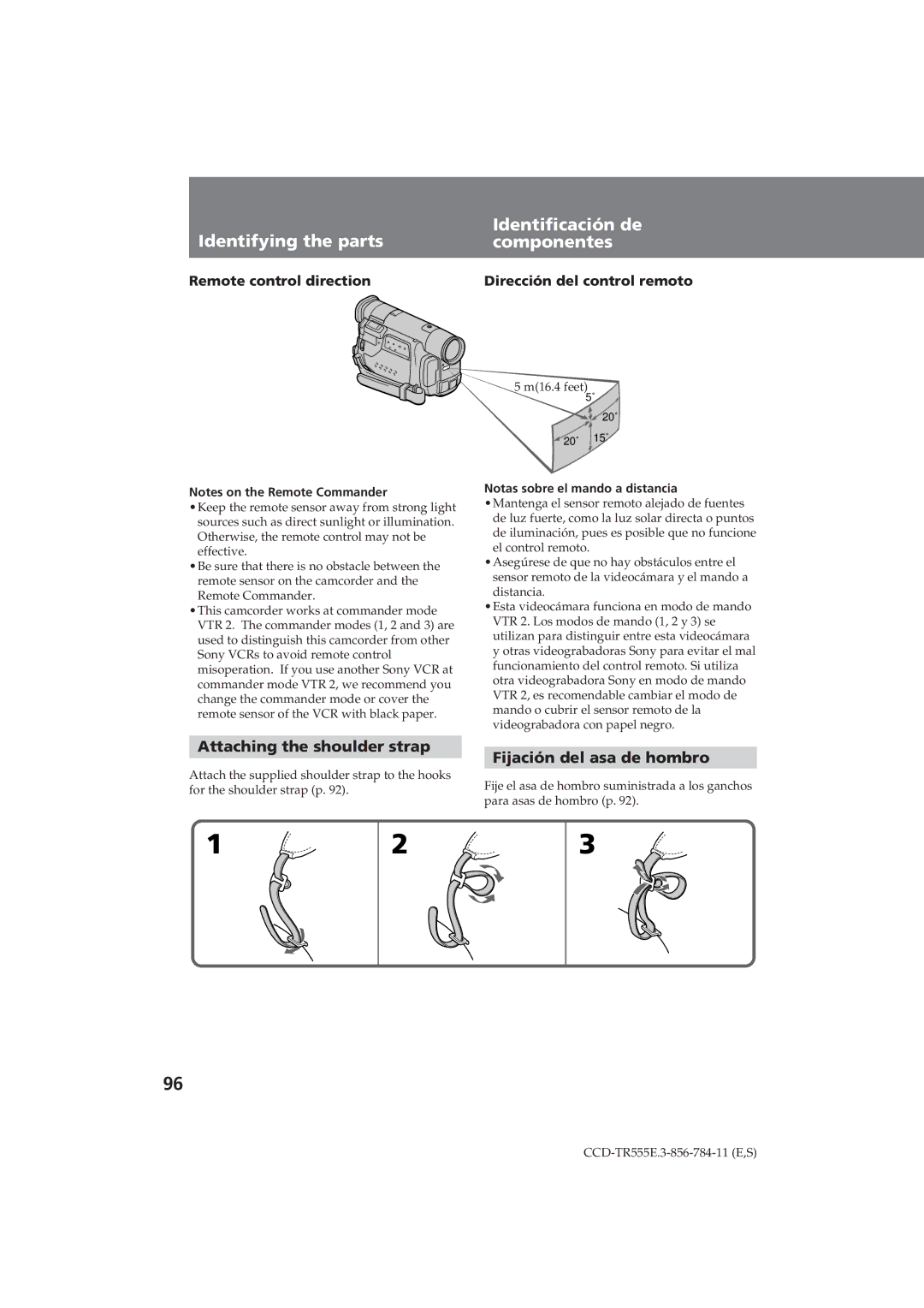 Sony CCD-TR555E operating instructions Attaching the shoulder strap, Fijación del asa de hombro, Remote control direction 