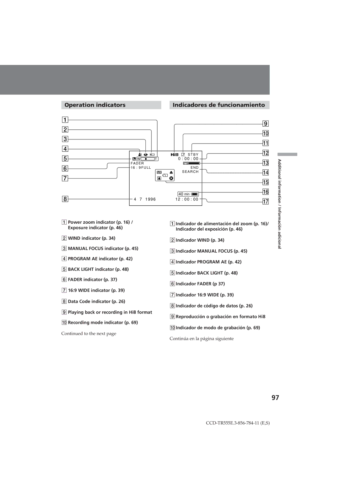 Sony CCD-TR555E operating instructions Operation indicators Indicadores de funcionamiento 