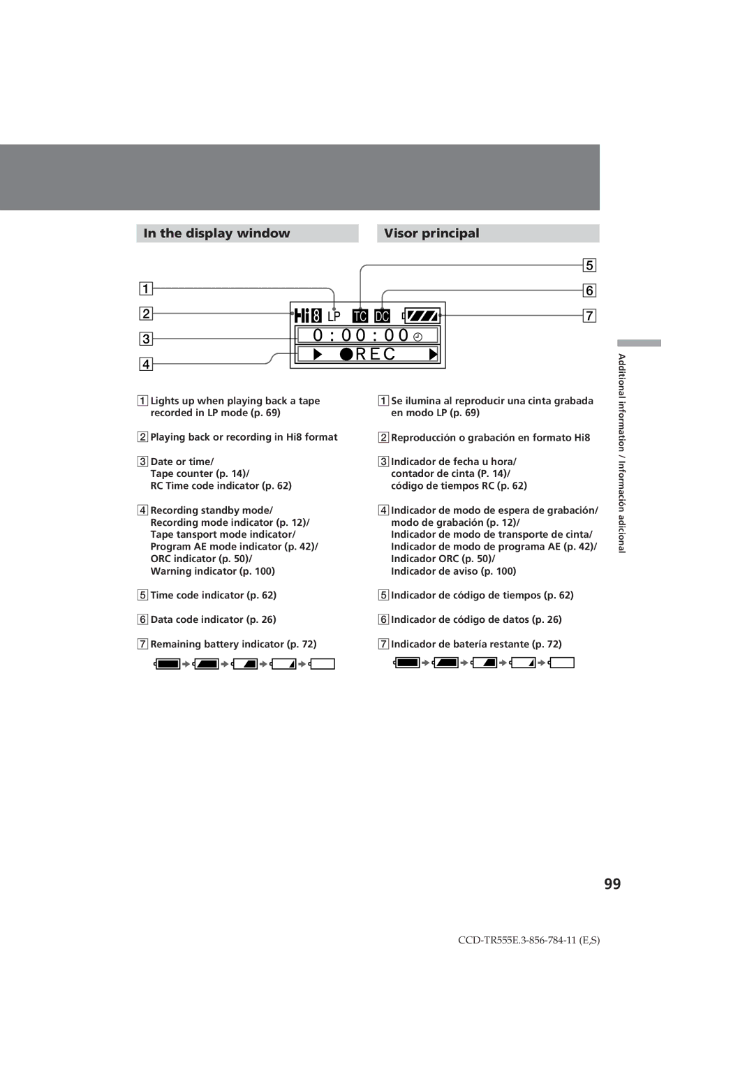 Sony CCD-TR555E operating instructions Display window Visor principal 