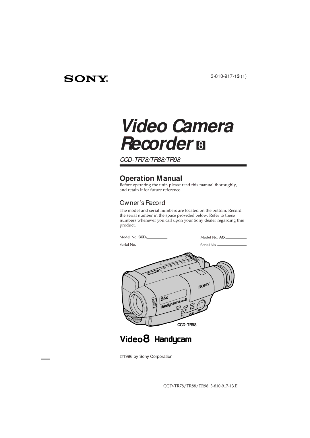 Sony CCD-TR88, CCD-TR78, CCD-TR98 operation manual Video Camera Recorder h 