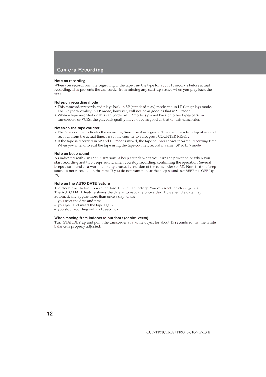 Sony CCD-TR78, CCD-TR88, CCD-TR98 operation manual Camera Recording, When moving from indoors to outdoors or vice versa 