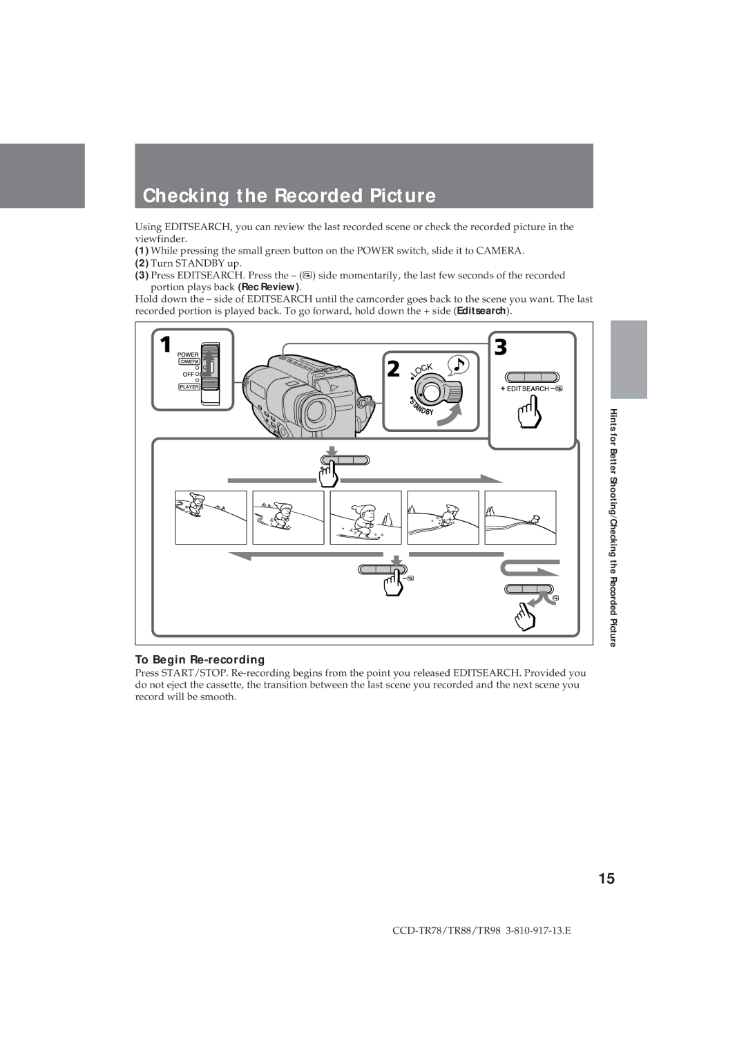 Sony CCD-TR78, CCD-TR88, CCD-TR98 operation manual Checking the Recorded Picture, To Begin Re-recording 