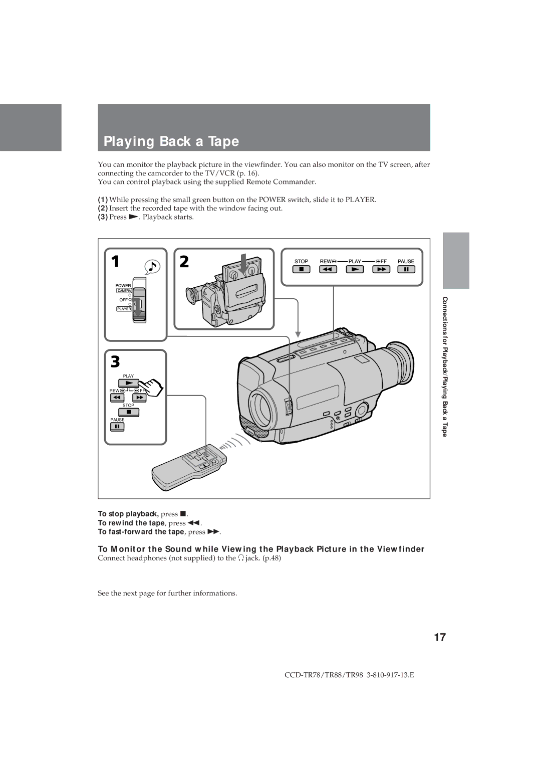 Sony CCD-TR98, CCD-TR78, CCD-TR88 operation manual Playing Back a Tape 