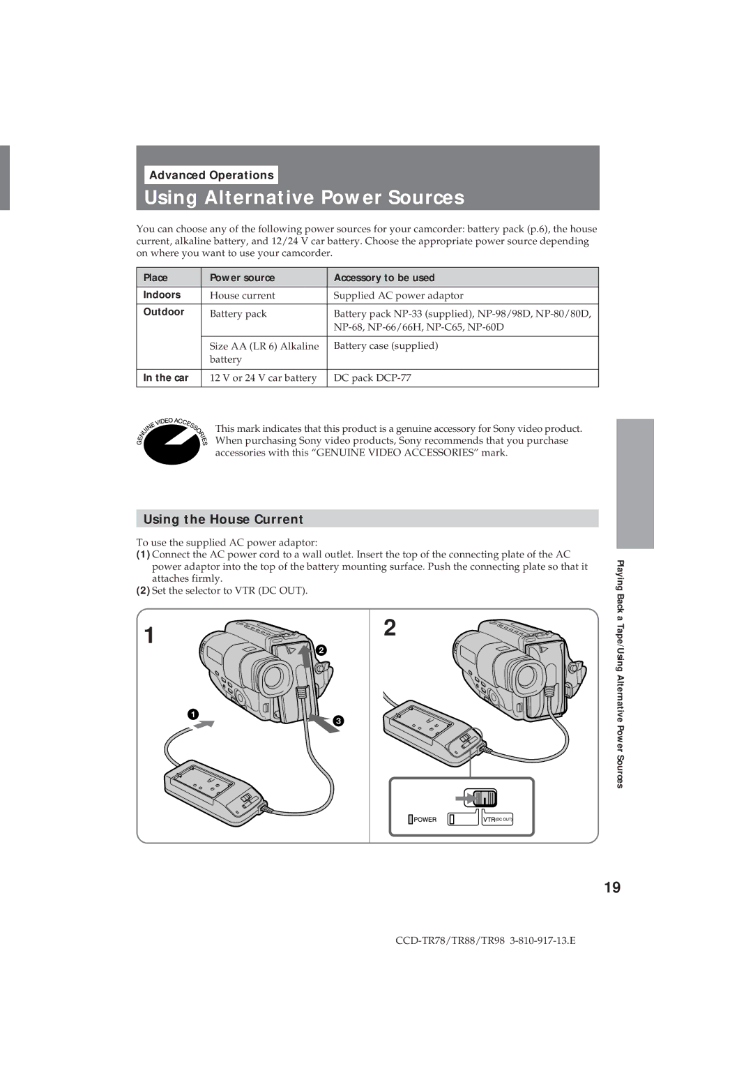 Sony CCD-TR88, CCD-TR78, CCD-TR98 Using Alternative Power Sources, Using the House Current, Advanced Operations 