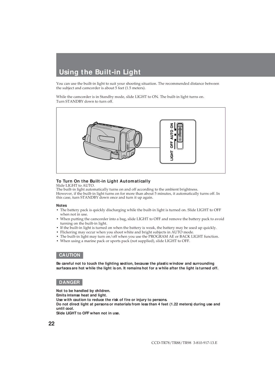 Sony CCD-TR88, CCD-TR78, CCD-TR98 operation manual Using the Built-in Light, To Turn On the Built-in Light Automatically 