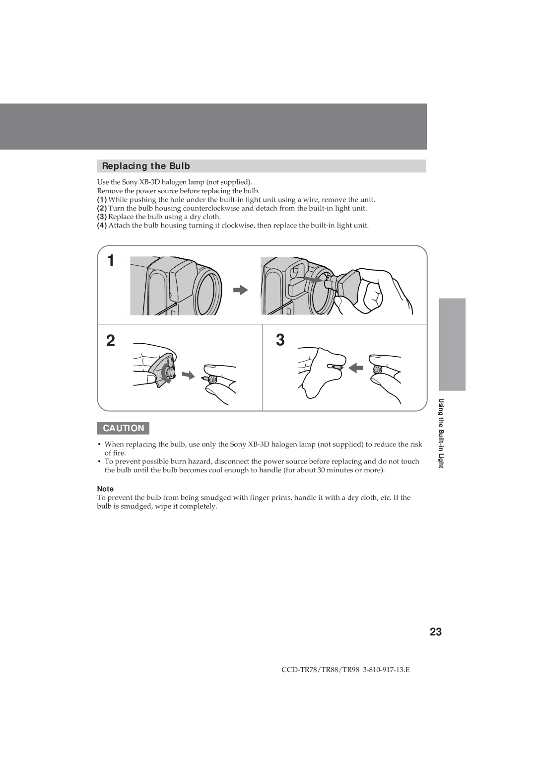 Sony CCD-TR98, CCD-TR78, CCD-TR88 operation manual Replacing the Bulb 