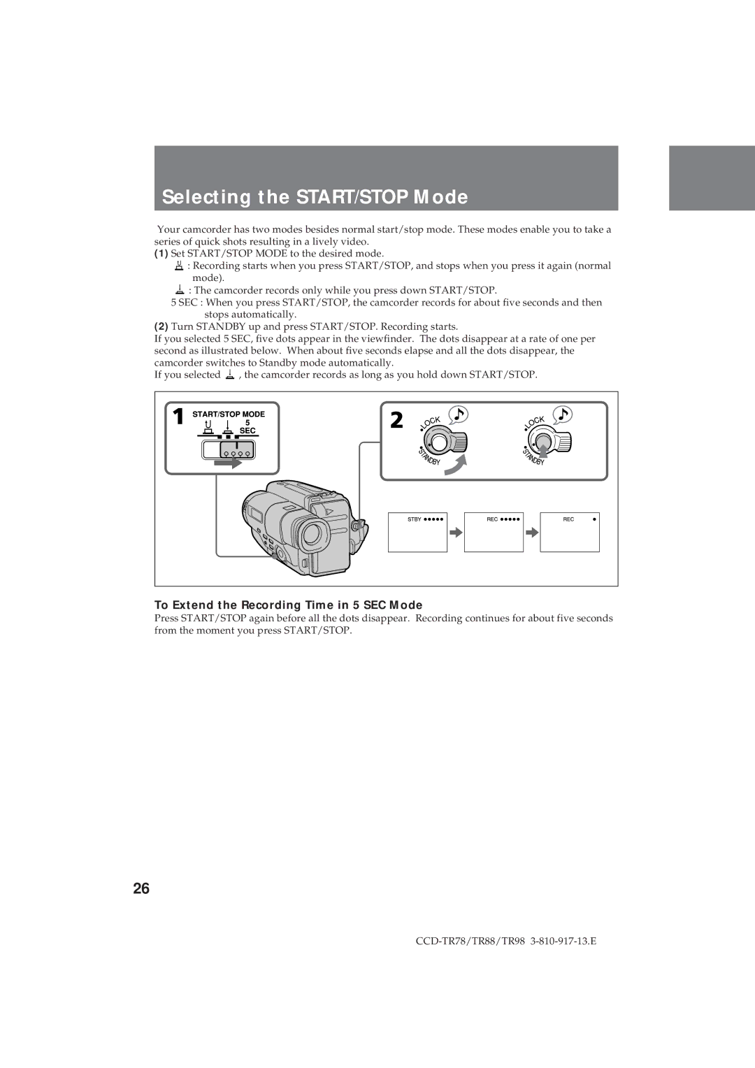 Sony CCD-TR98, CCD-TR78, CCD-TR88 operation manual Selecting the START/STOP Mode, To Extend the Recording Time in 5 SEC Mode 