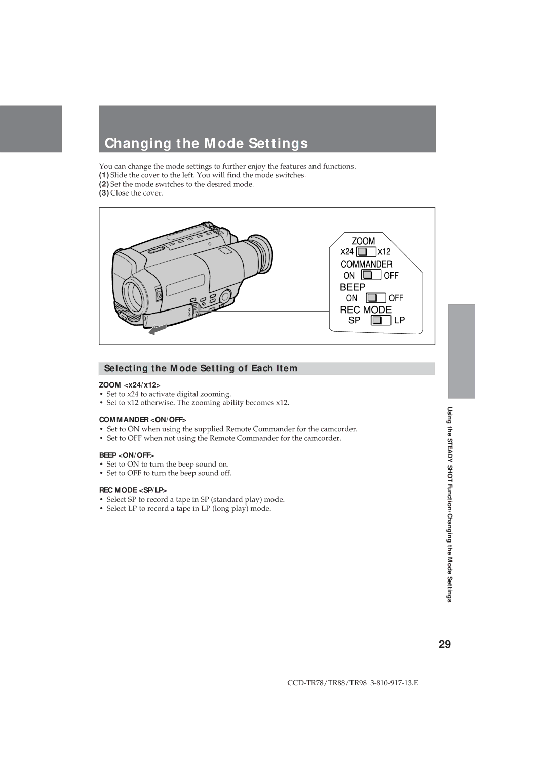 Sony CCD-TR98, CCD-TR78, CCD-TR88 Changing the Mode Settings, Selecting the Mode Setting of Each Item, Zoom x24/x12 