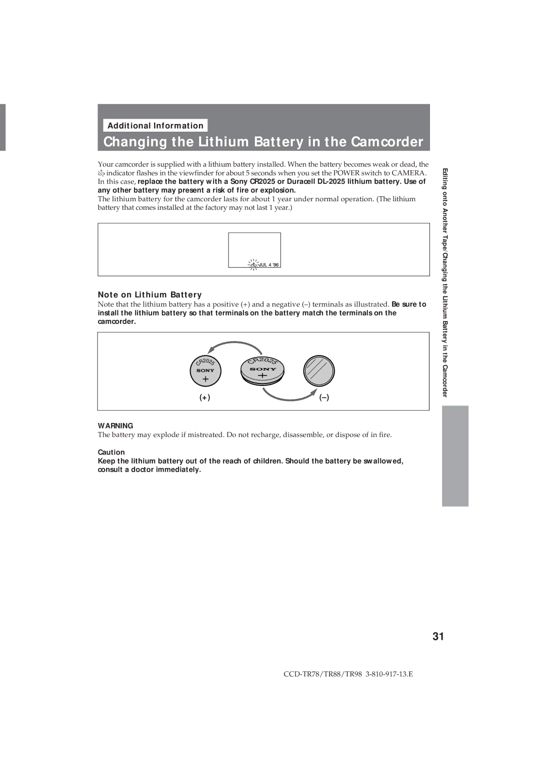 Sony CCD-TR88, CCD-TR78, CCD-TR98 operation manual Changing the Lithium Battery in the Camcorder, Additional Information 