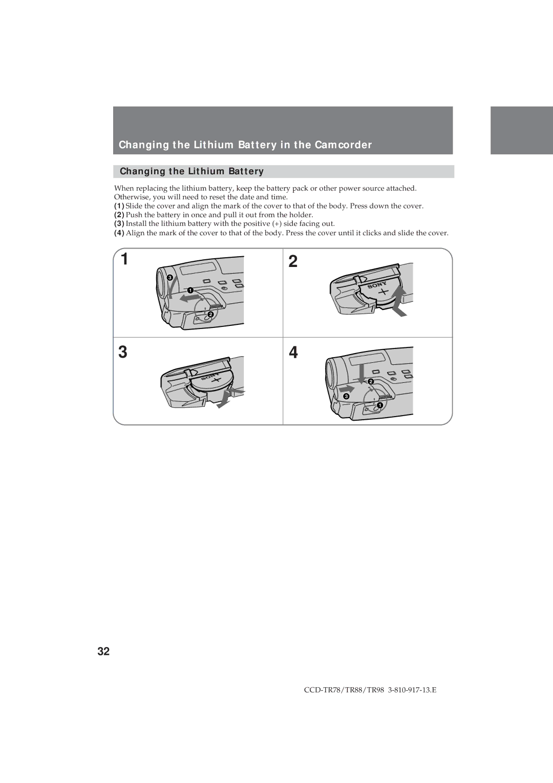 Sony CCD-TR98, CCD-TR78, CCD-TR88 operation manual Changing the Lithium Battery in the Camcorder 