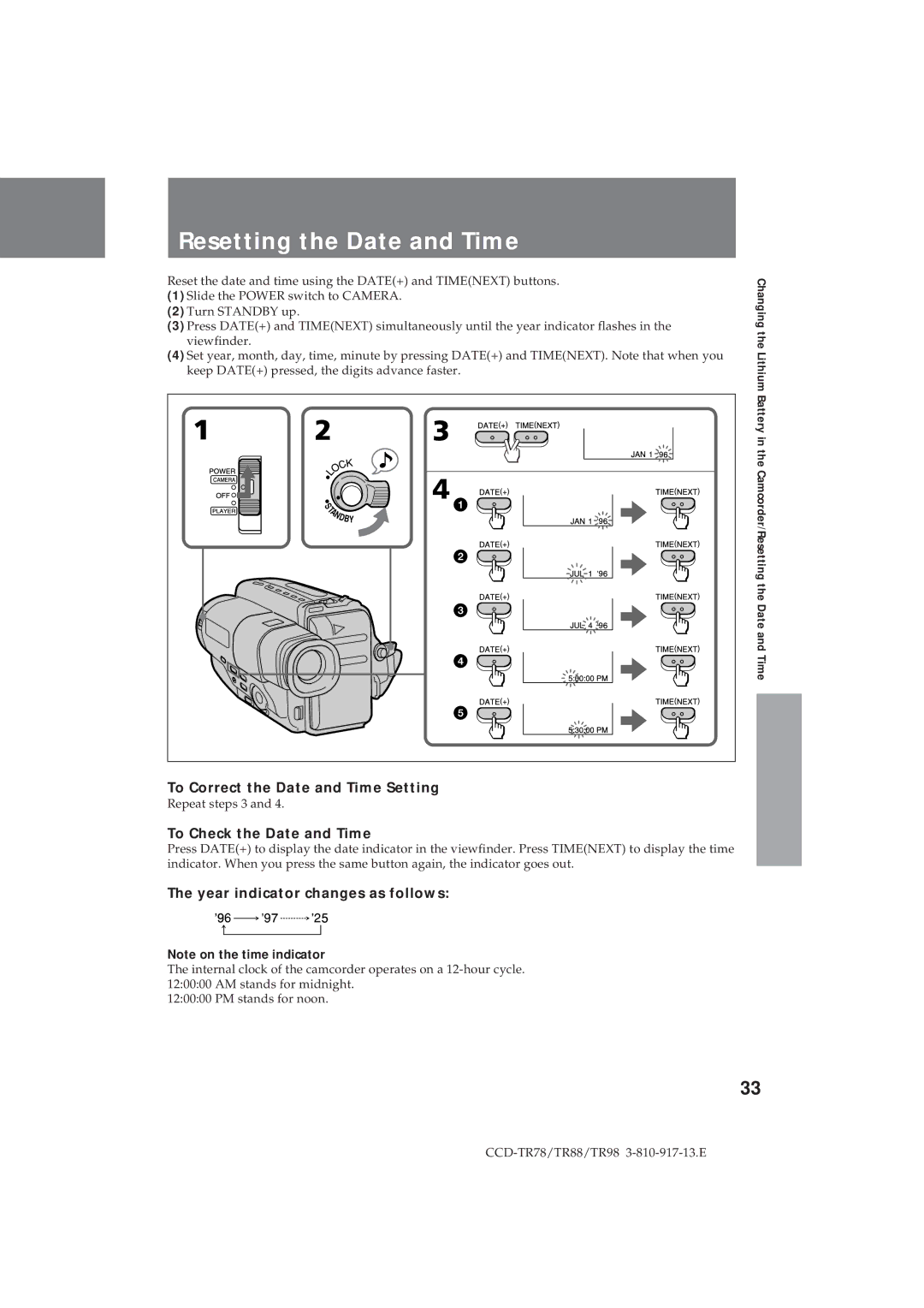 Sony CCD-TR78, CCD-TR88 Resetting the Date and Time, To Correct the Date and Time Setting, To Check the Date and Time 