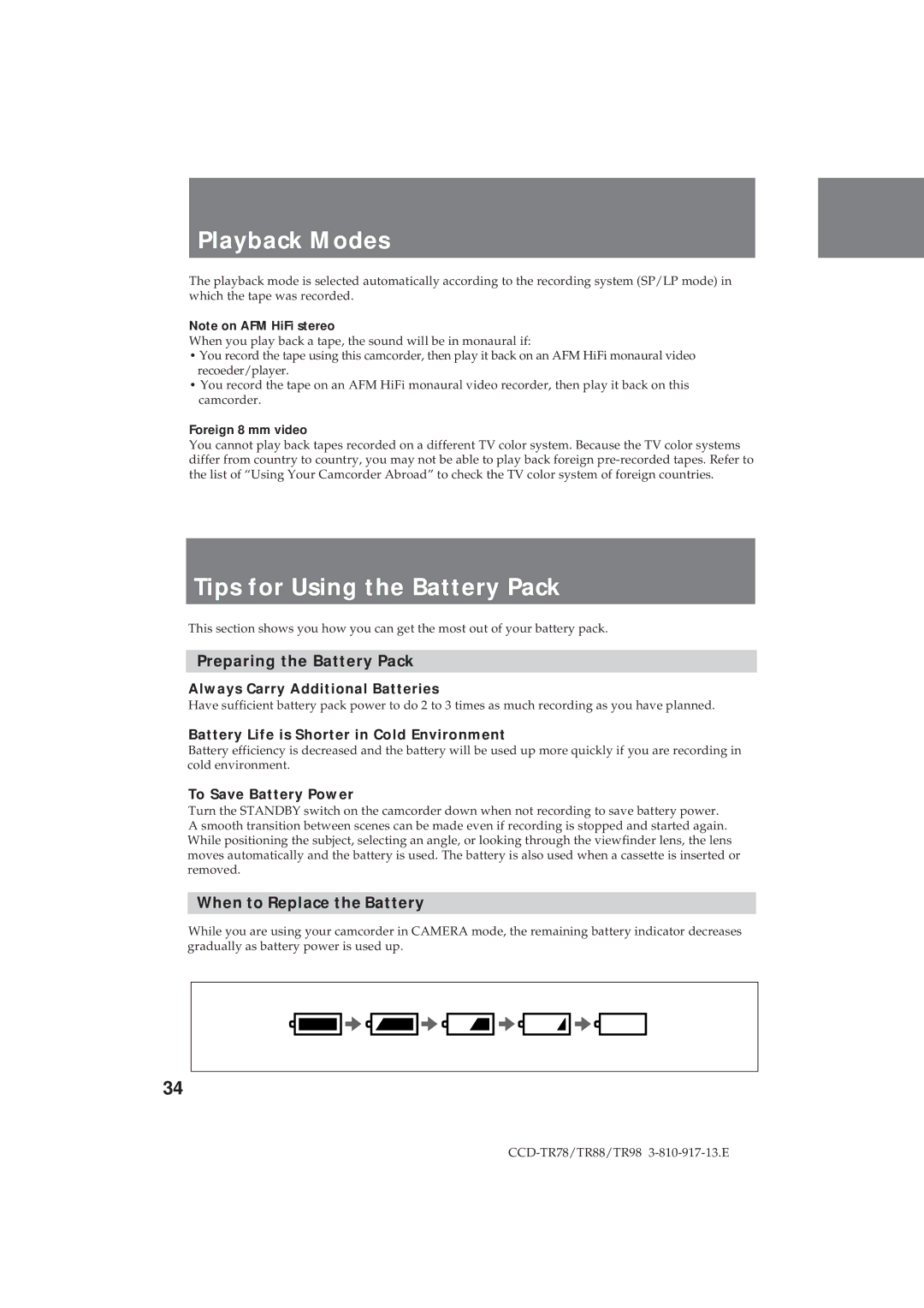 Sony CCD-TR88 Playback Modes, Tips for Using the Battery Pack, Preparing the Battery Pack, When to Replace the Battery 