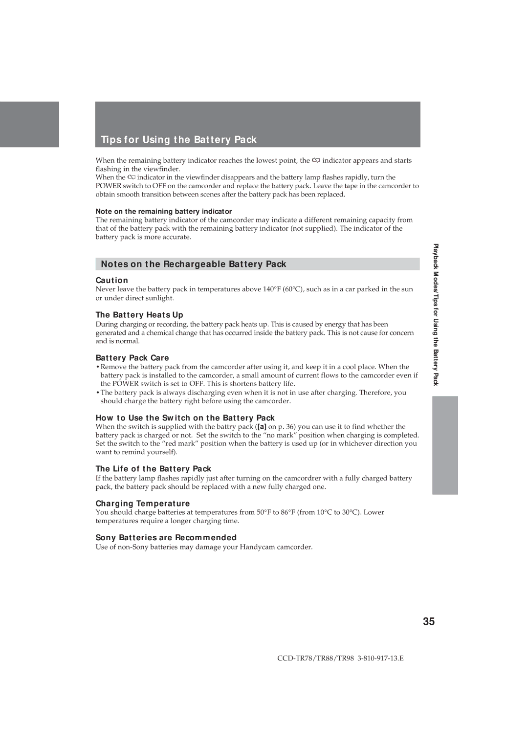 Sony CCD-TR98, CCD-TR78, CCD-TR88 operation manual Tips for Using the Battery Pack 