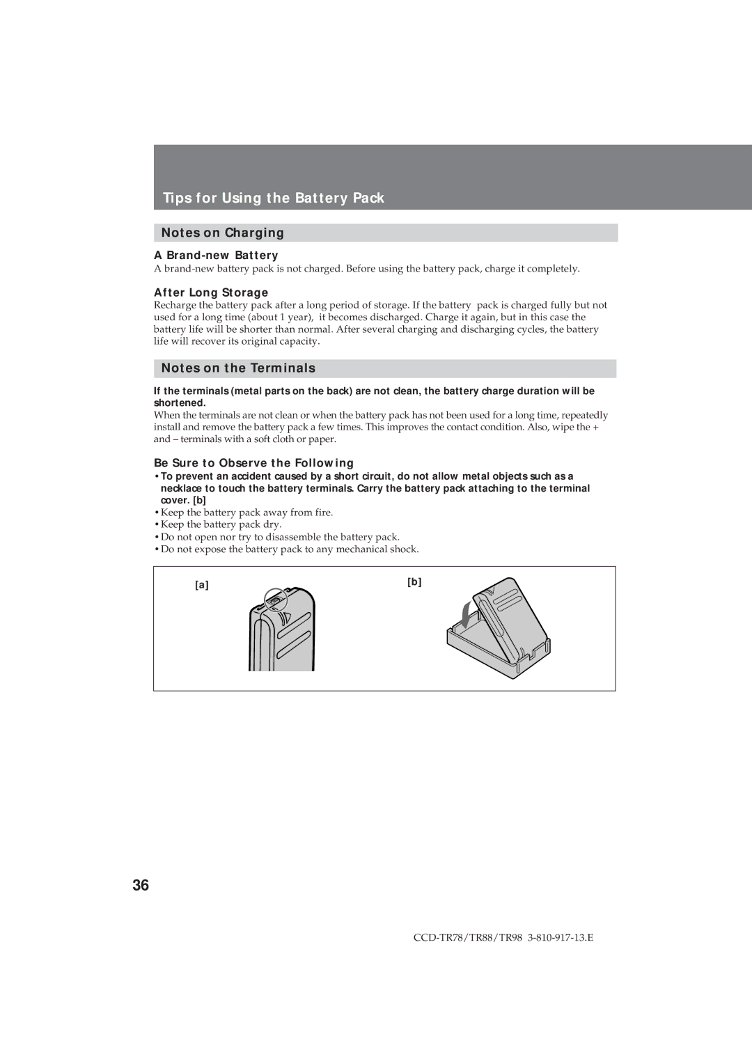 Sony CCD-TR78, CCD-TR88, CCD-TR98 operation manual Brand-new Battery, After Long Storage, Be Sure to Observe the Following 