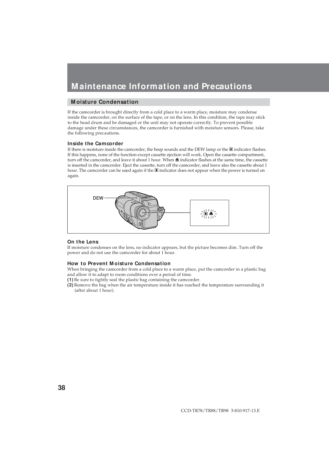 Sony CCD-TR98, CCD-TR78 Maintenance Information and Precautions, Moisture Condensation, Inside the Camcorder, On the Lens 