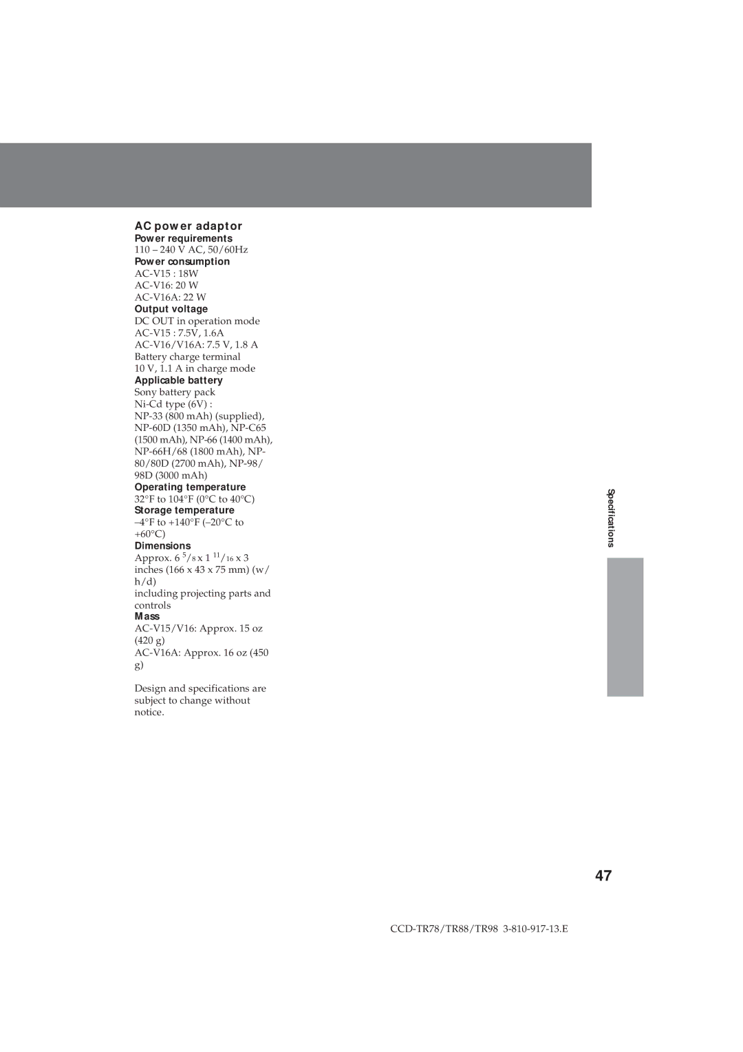 Sony CCD-TR98, CCD-TR78, CCD-TR88 operation manual Output voltage, Applicable battery Sony battery pack Ni-Cd type 