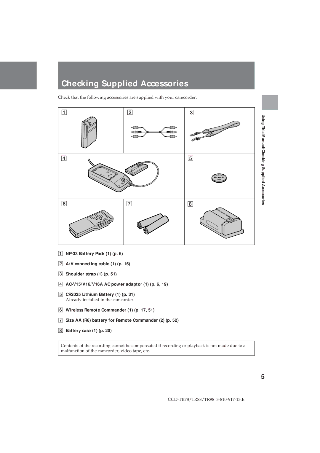 Sony CCD-TR98, CCD-TR78, CCD-TR88 operation manual Checking Supplied Accessories 