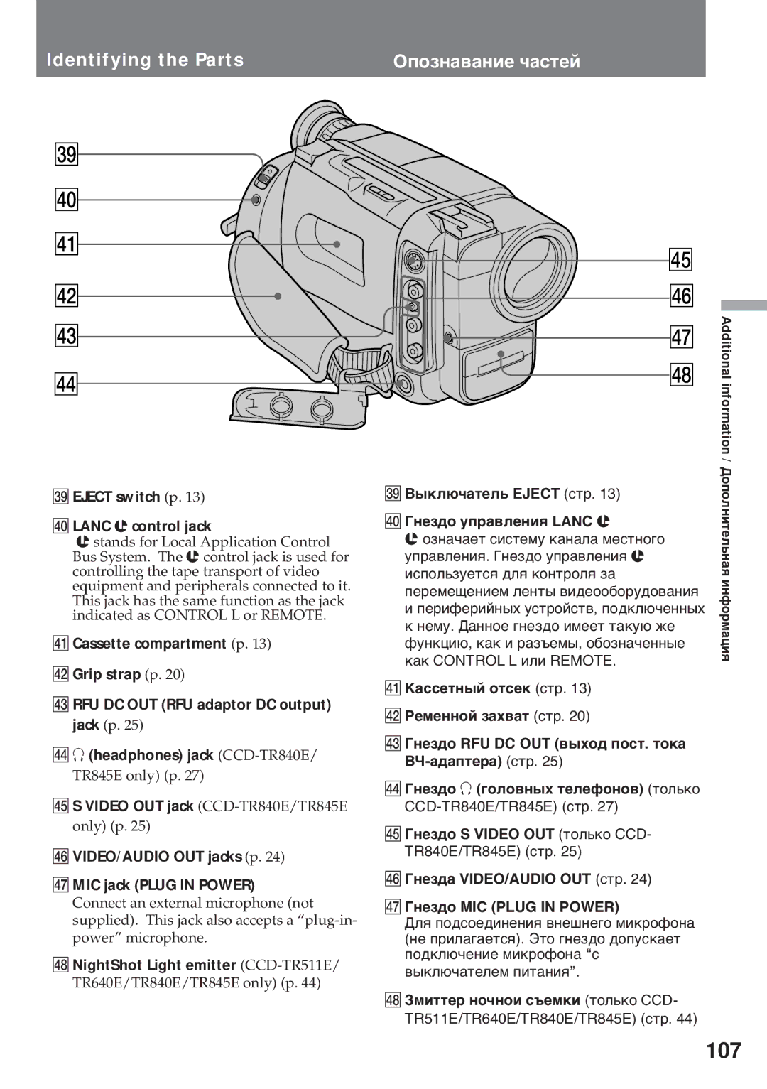 Sony CCD-TR411E, CCD-TR845E 107, #» Вûêëþ÷àòåëü Eject ñòð $¼ Гíåçäî óïðàâëåíèя Lanc l, $¥ Зìèòòåð íî÷íîè ñúåìêè òîëüêî CCD 