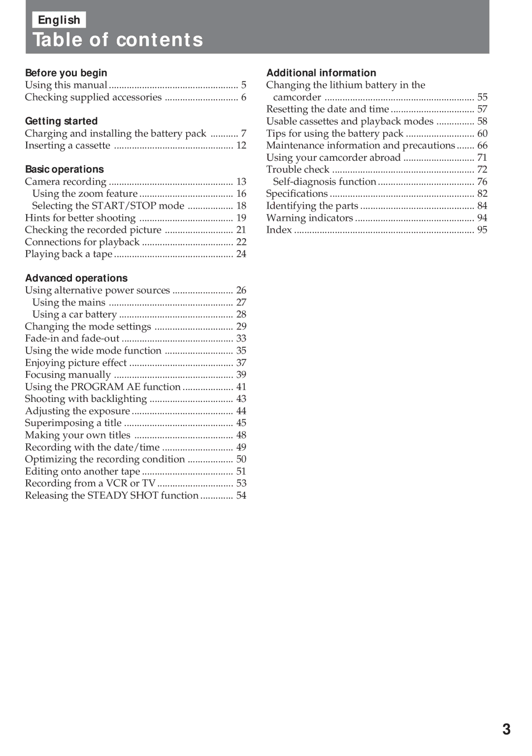 Sony CCD-TR920E operating instructions Table of contents 