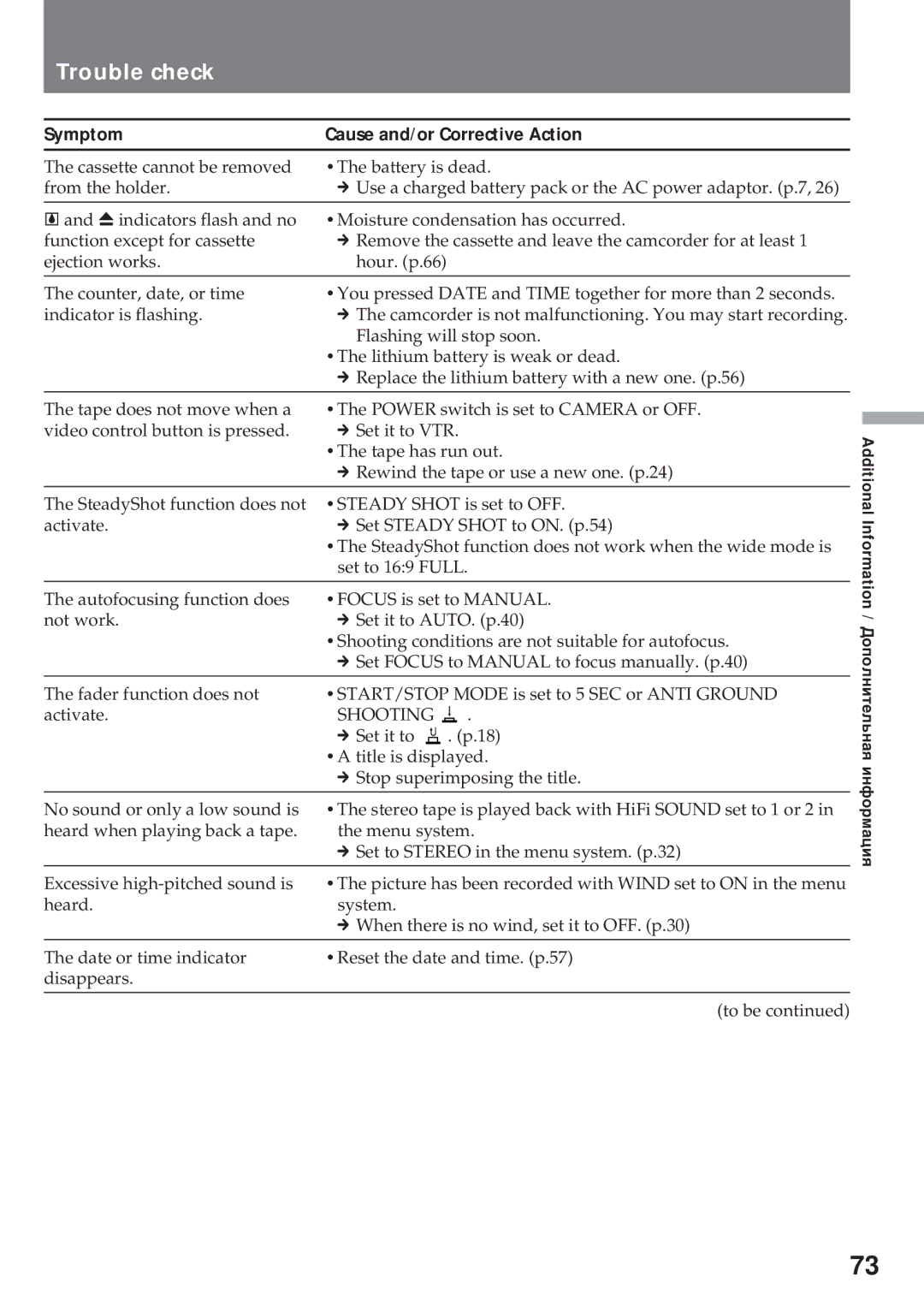 Sony CCD-TR920E operating instructions Trouble check, Shooting 