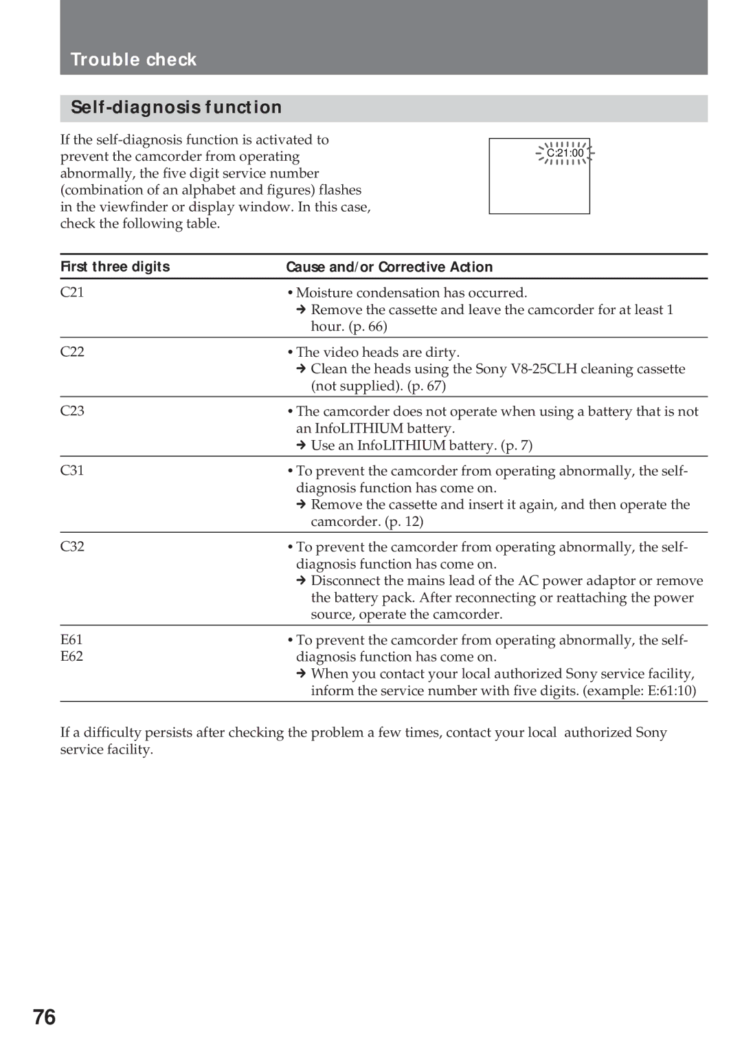 Sony CCD-TR920E operating instructions Self-diagnosis function, First three digits Cause and/or Corrective Action 