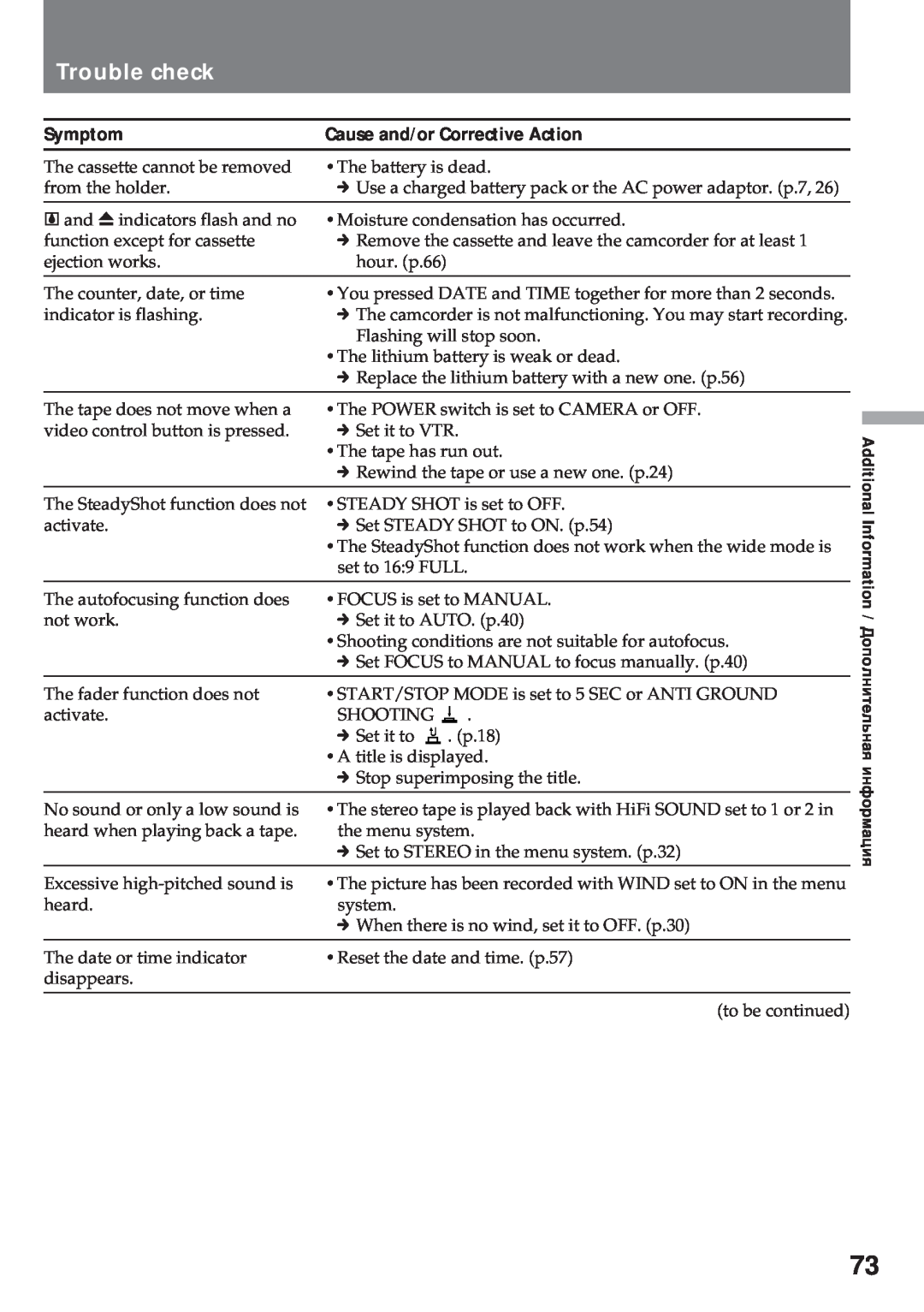 Sony CCD-TR920E operating instructions Trouble check, Symptom, Cause and/or Corrective Action 