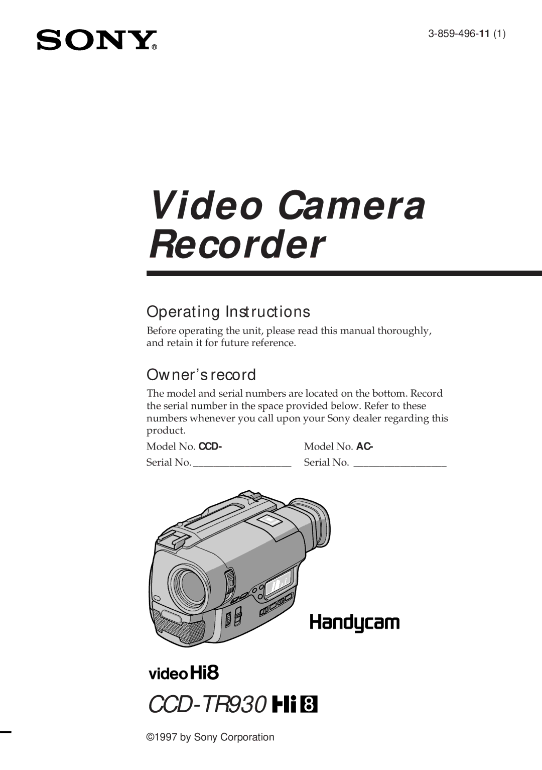 Sony CCD-TR930 operating instructions Video Camera Recorder 