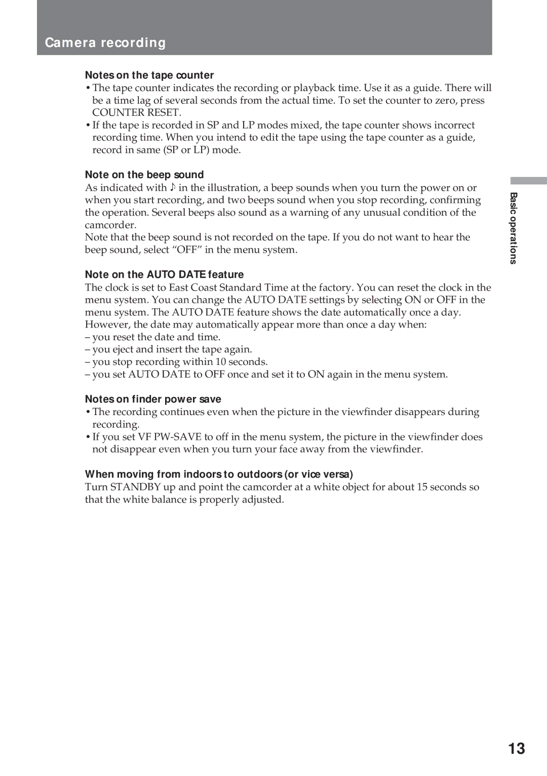 Sony CCD-TR930 operating instructions Counter Reset, When moving from indoors to outdoors or vice versa 