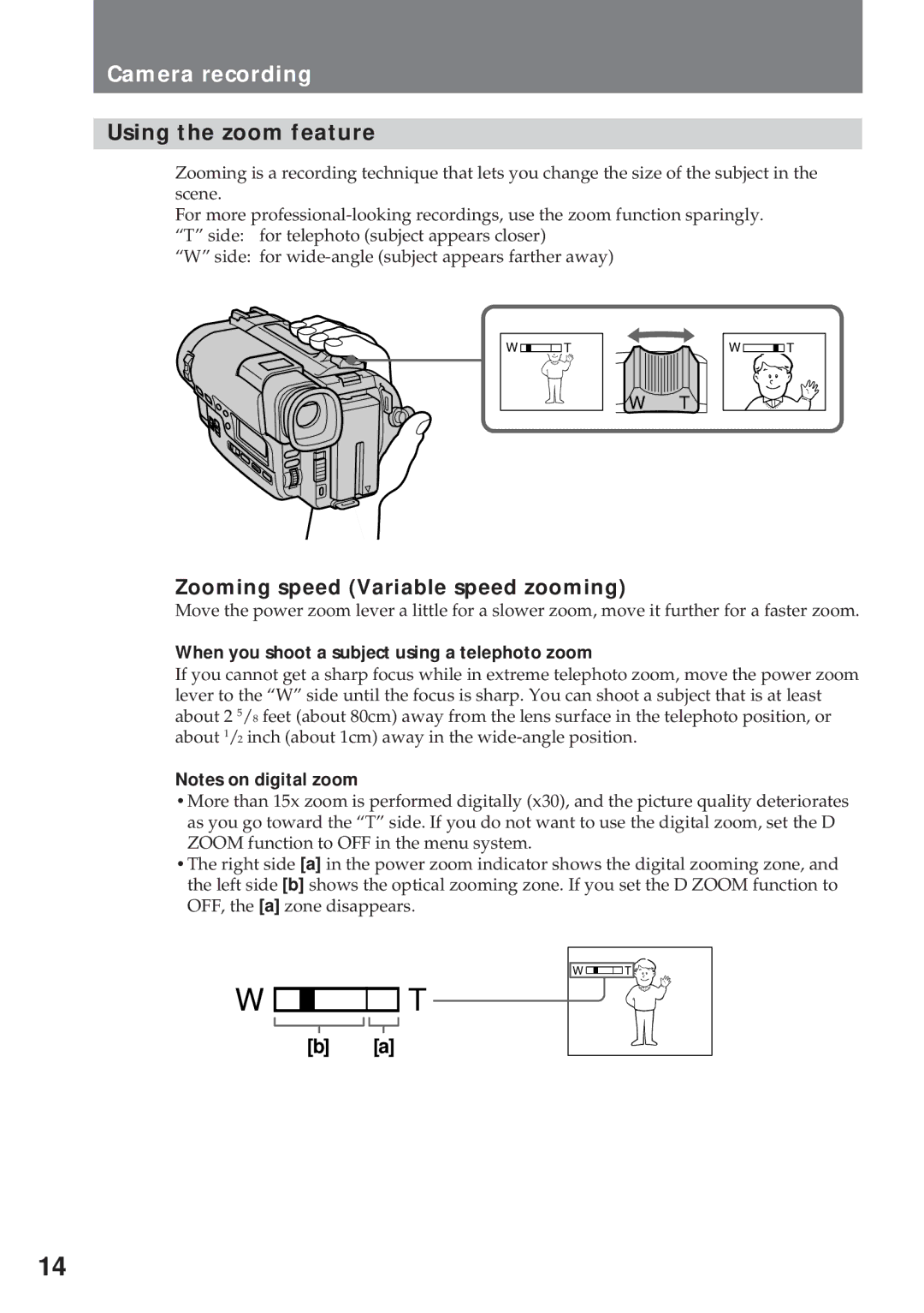 Sony CCD-TR930 operating instructions Using the zoom feature, Zooming speed Variable speed zooming 