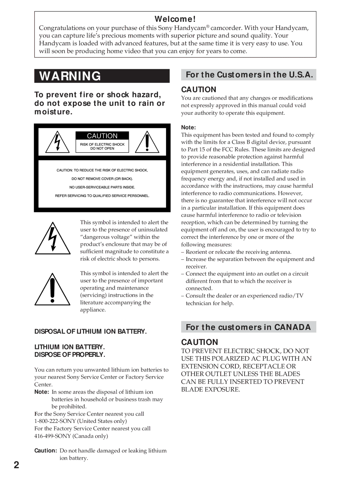 Sony CCD-TR930 operating instructions Welcome, For the Customers in the U.S.A, For the customers in Canada 