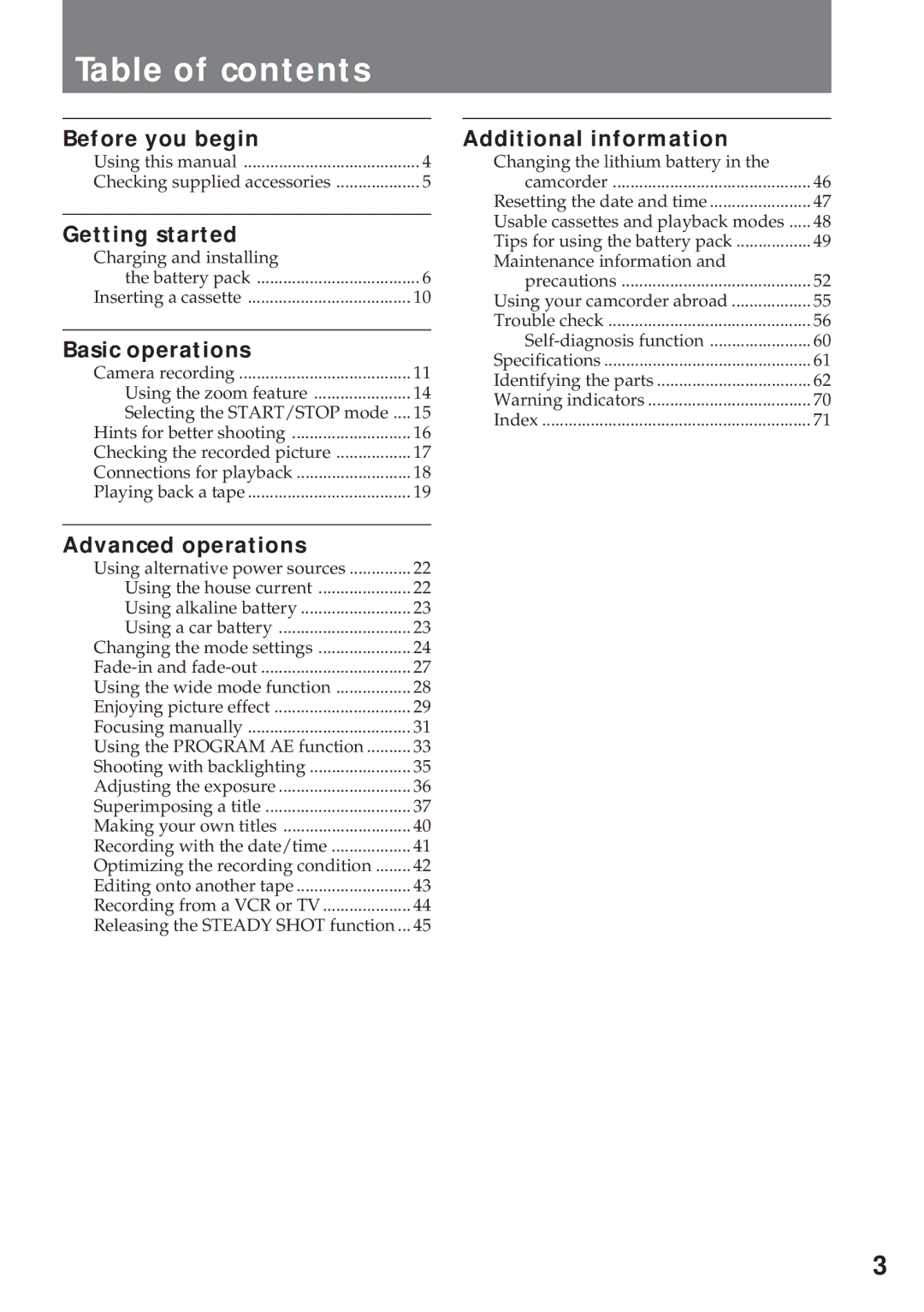 Sony CCD-TR930 operating instructions Table of contents 