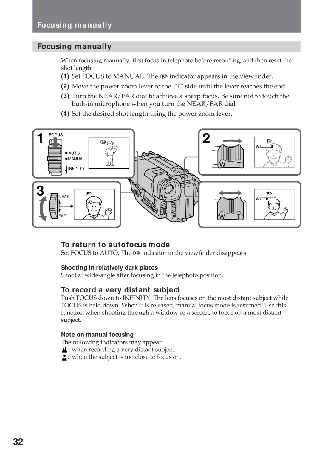 Sony CCD-TR930 operating instructions Focusing manually, To return to autofocus mode, To record a very distant subject 