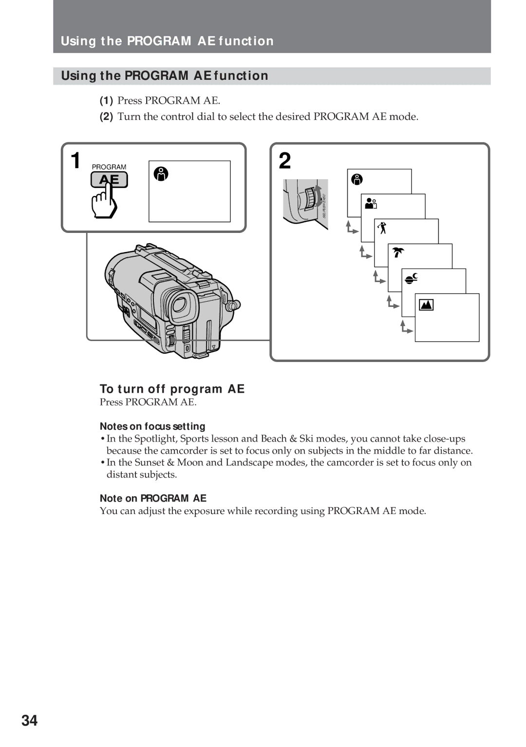 Sony CCD-TR930 operating instructions Using the Program AE function, To turn off program AE 