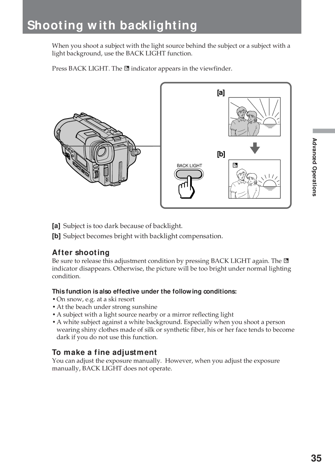 Sony CCD-TR930 operating instructions Shooting with backlighting, After shooting, To make a fine adjustment 