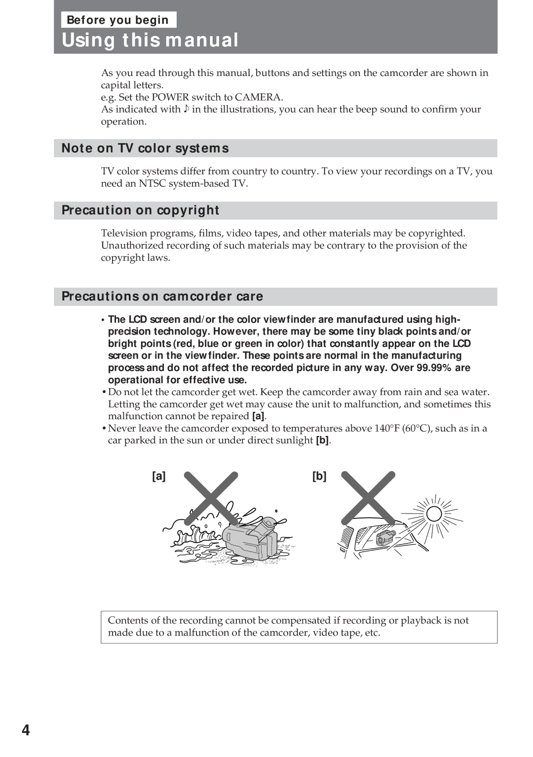 Sony CCD-TR930 operating instructions Using this manual, Precaution on copyright, Precautions on camcorder care 