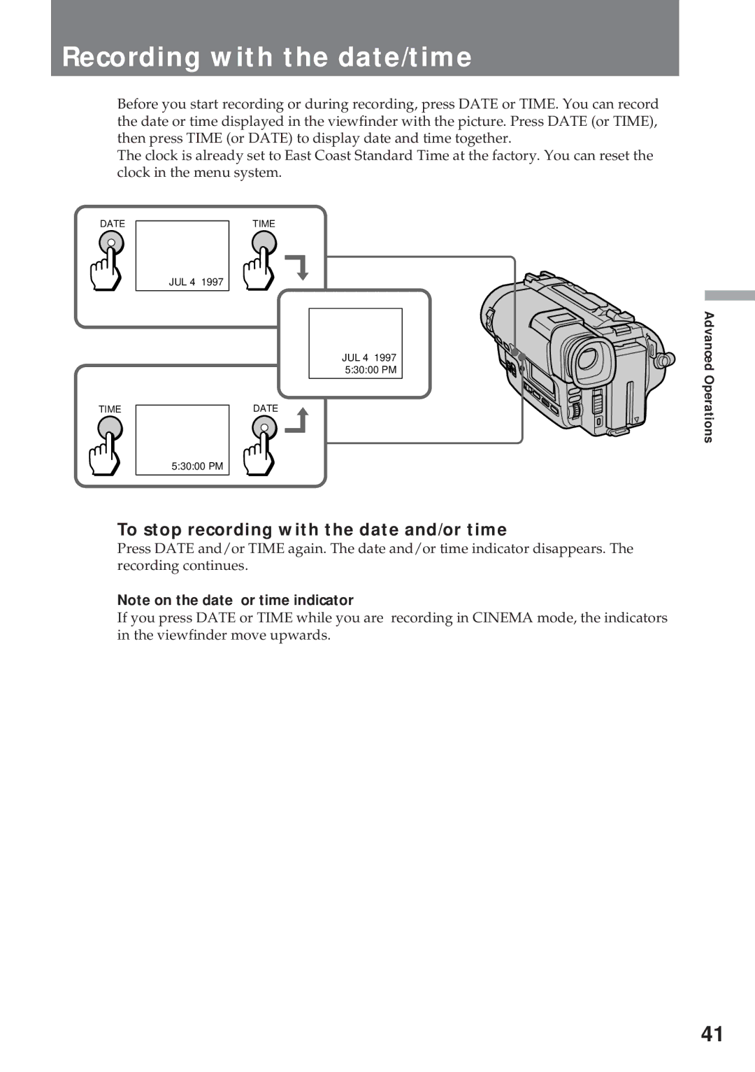 Sony CCD-TR930 operating instructions Recording with the date/time, To stop recording with the date and/or time 