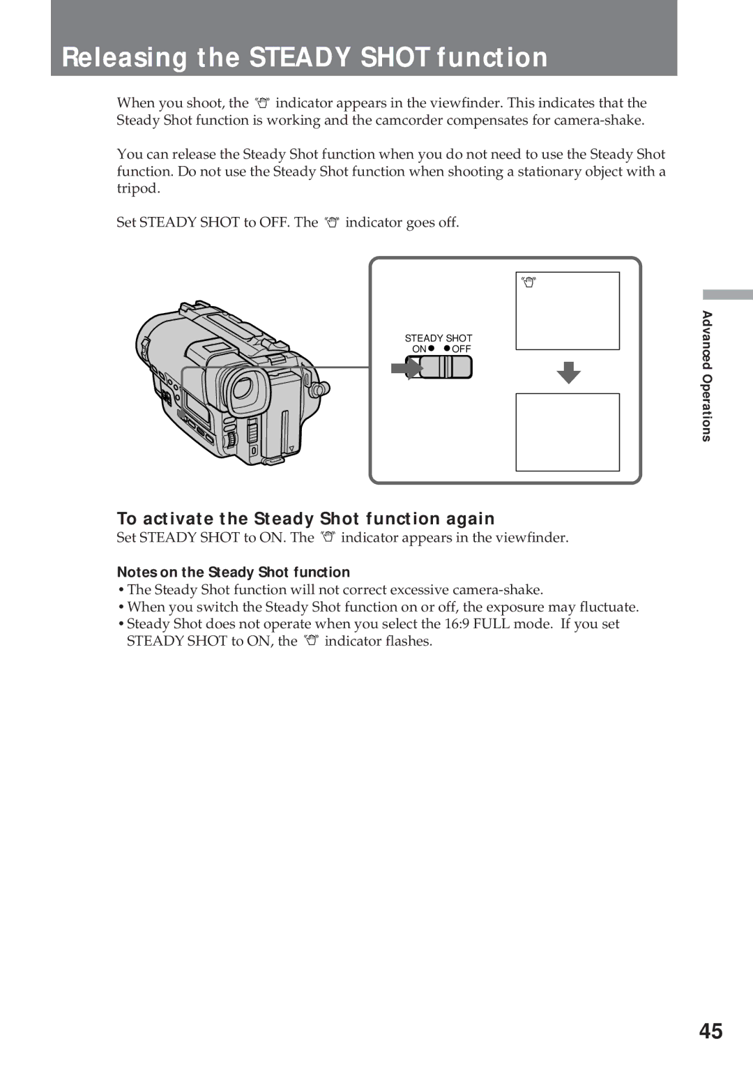 Sony CCD-TR930 operating instructions Releasing the Steady Shot function, To activate the Steady Shot function again 