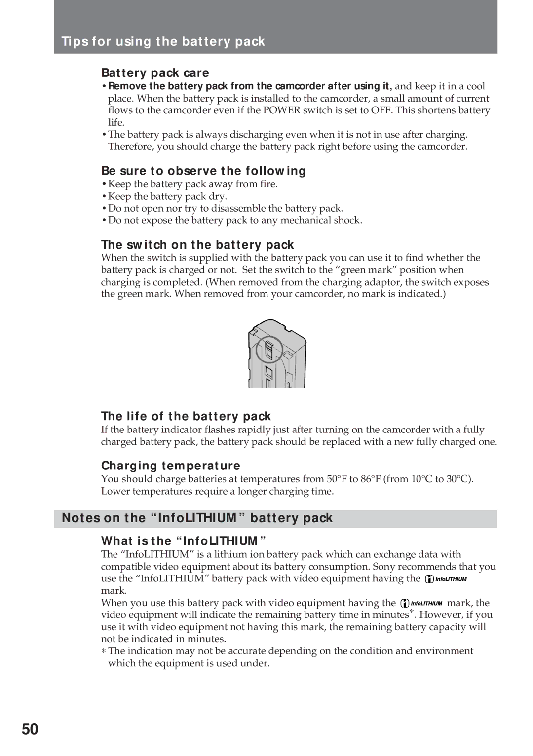 Sony CCD-TR930 operating instructions Tips for using the battery pack 