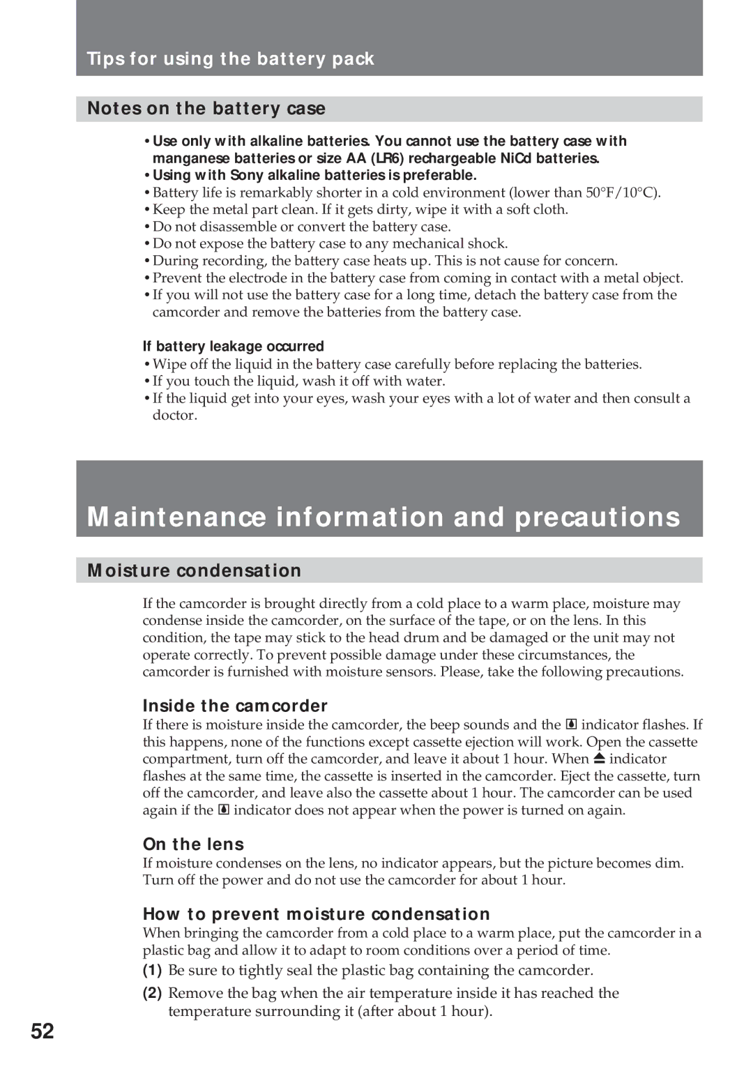 Sony CCD-TR930 Maintenance information and precautions, Moisture condensation, Inside the camcorder, On the lens 